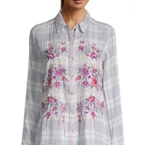Johnny Was Caelynn Floral Embroidered Plaid Shirt Top Workshop Small Purple